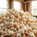 Ongebleekt katoen, prachtig uitgestald in een ambachtelijke werkplaats, met veel textuur en natuurlijke kleuren.