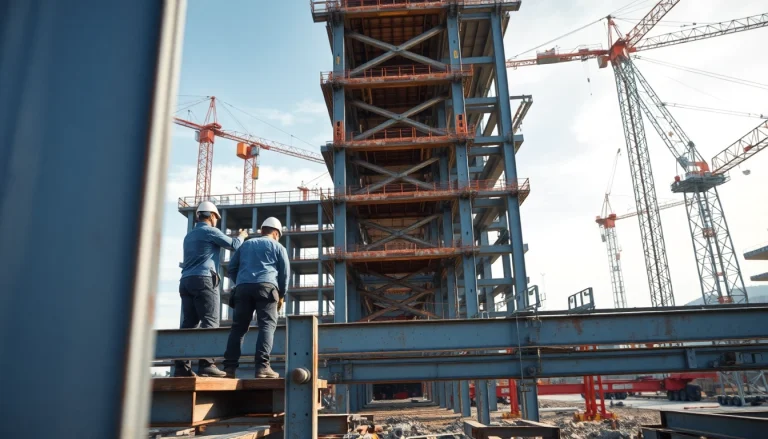 Workers engaging in structural steel construction, showcasing strength and teamwork at a busy construction site.