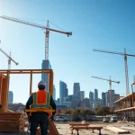 Workers engaged in Austin construction activities at a bustling construction site, showcasing teamwork and progress.