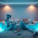 Exploring ai sex through a futuristic interaction between a humanoid robot and a person in a cozy, tech-inspired environment.
