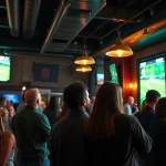 Engaged bettors enjoying South Carolina sports betting in a lively sports bar atmosphere.