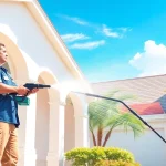 Pressure wash service in Kissimmee, showcasing a technician cleaning a home with a pressure washer.