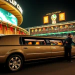 Experience luxury World Cup Group Transportation with premium limousines at a vibrant LA stadium.