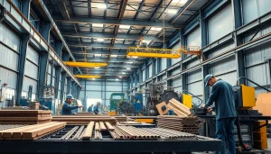 Workers expertly fabricating steel in a busy steel fabrication shop environment.