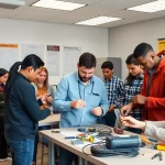 Students learn practical skills at a vibrant electrician trade school colorado classroom.