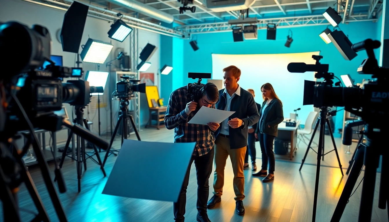 Capture the essence of a Creative Video Production Agency with a vibrant studio setting and a collaborative team.