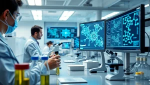 Researcher in a modern lab analyzing cannabinoid data related to win55 innovations.