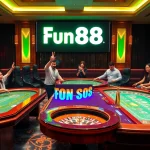 Action-packed scene at Fun88 casino featuring excited players at gaming tables.
