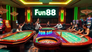 Action-packed scene at Fun88 casino featuring excited players at gaming tables.