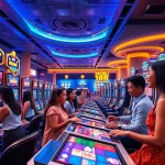 Exciting online slot gaming scene featuring hoki138 pro with vibrant machines and diverse players celebrating wins.