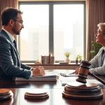 Eminent domain lawyer consulting with a client in a professional office.