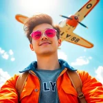 FLY88 aviation-inspired apparel worn by a model under a blue sky with vintage airplane.