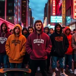 Stylish individuals wearing designer streetwear hoodies in a vibrant urban setting at twilight.
