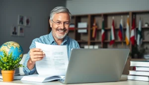 Professional scene of a certified translator working on tradução juramentada, emphasizing expertise and trust.