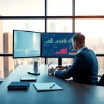 Crisis management consultant analyzing data in a modern office with an urban skyline view.