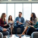 Engaging business coaching service session with diverse participants sharing ideas.