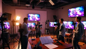 Team collaborating at video production company Phoenix to create engaging content.