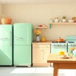 Showcase retro appliances including a mint green refrigerator and oven in a vibrant kitchen.