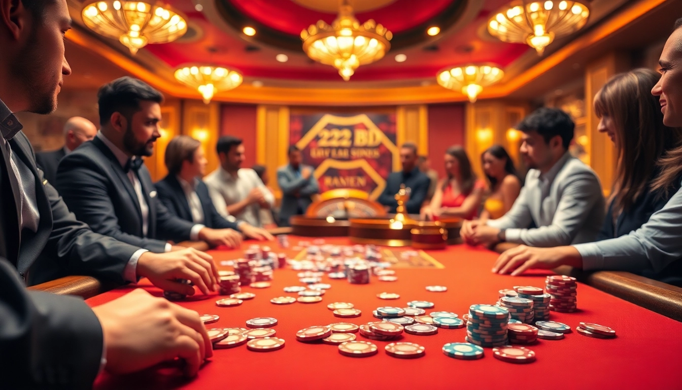 Intense poker action at 222BD casino with colorful chips and cards, showcasing player excitement.
