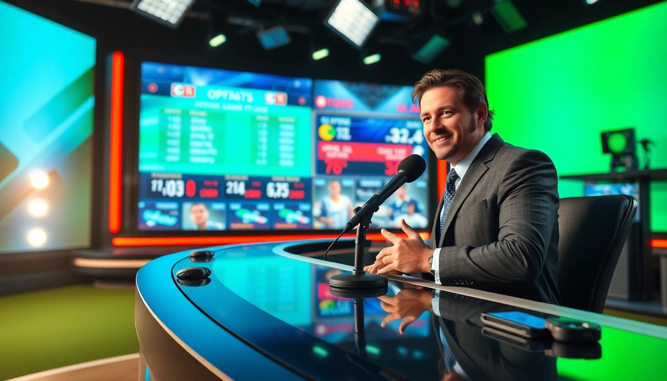 Sports Broadcasting studio with a dynamic anchor reporting live in an energetic setting.