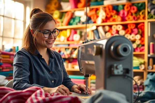 Beginnende naaiers werken aan kleurrijke stoffen in een gezellige workshop.