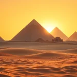 View of the Great Piraminds showcasing grandeur and ancient architecture in a serene desert setting.