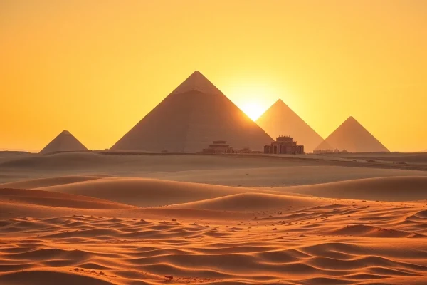 View of the Great Piraminds showcasing grandeur and ancient architecture in a serene desert setting.