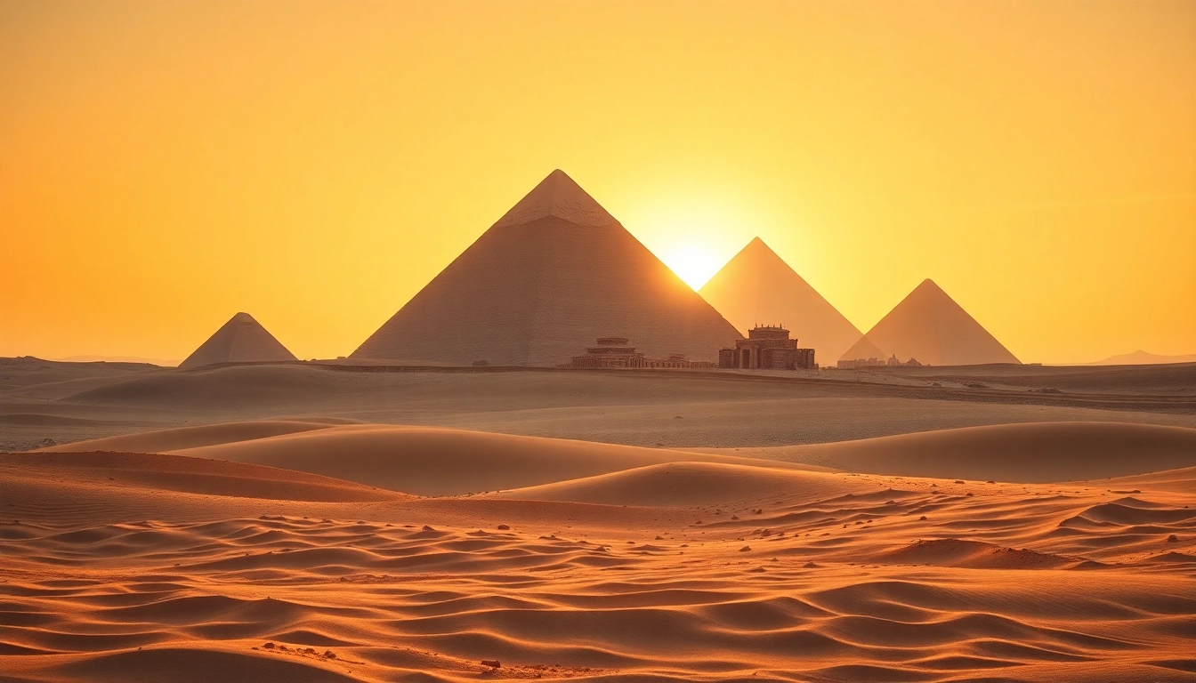View of the Great Piraminds showcasing grandeur and ancient architecture in a serene desert setting.
