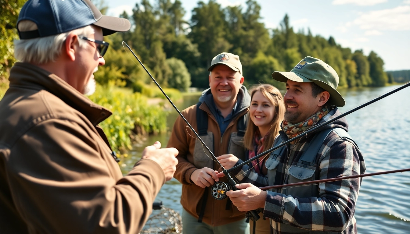 Join fly fishing lessons near me with expert instructor engaging with eager learners at a scenic lake.