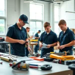 Students learning at trade schools Oahu with modern tools in a bright classroom.