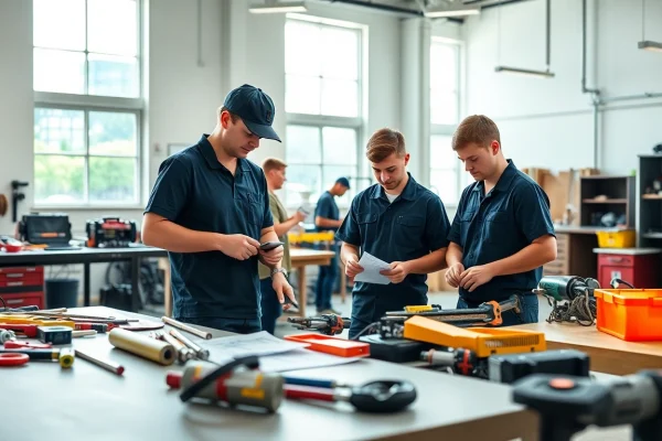 Students learning at trade schools Oahu with modern tools in a bright classroom.