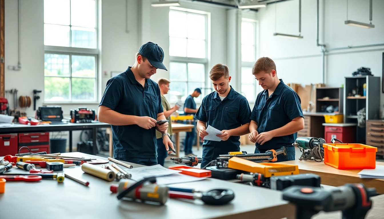 Students learning at trade schools Oahu with modern tools in a bright classroom.
