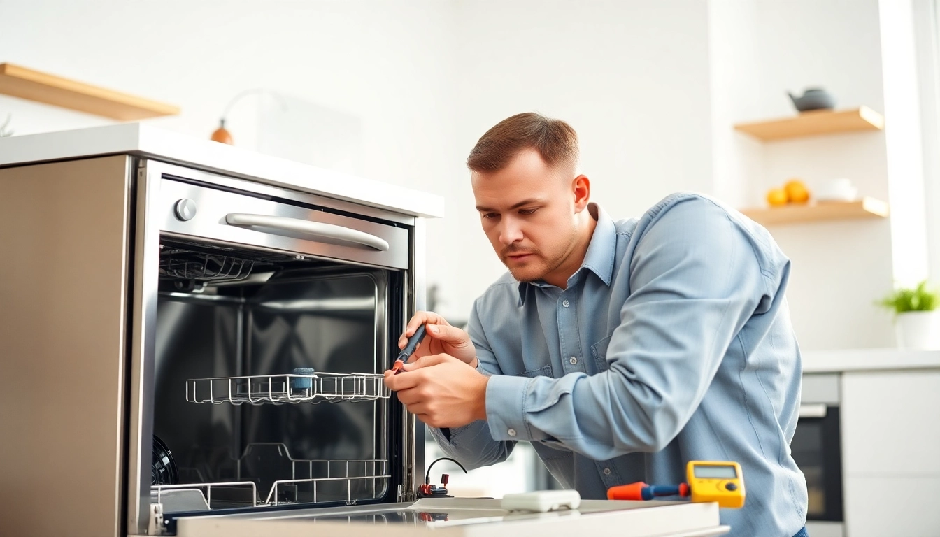 Technician performing BOSCH dishwasher repair with tools in a modern kitchen setting.