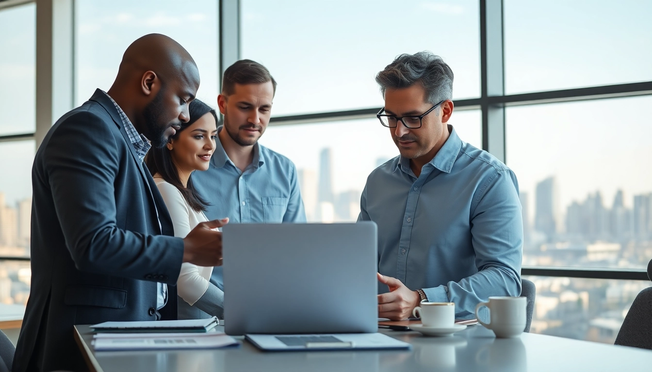 Crisis management consultant collaborating with a diverse team in a modern office.