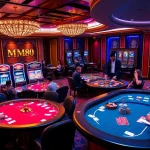 Experience the thrill of MM88 in a vibrant casino scene with poker and slot machines.