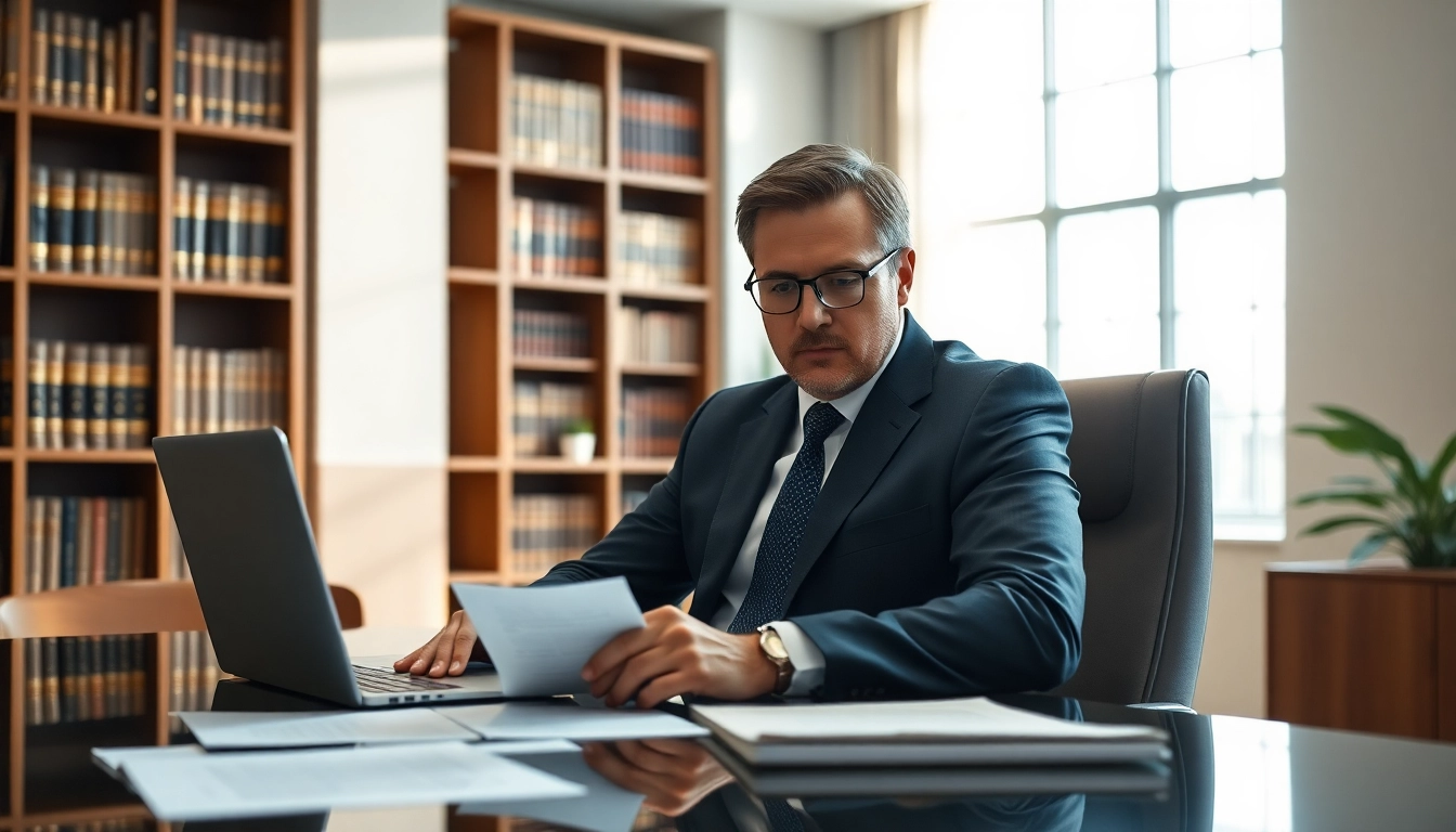 Eminent domain lawyer focused on legal work amid a professional office environment.