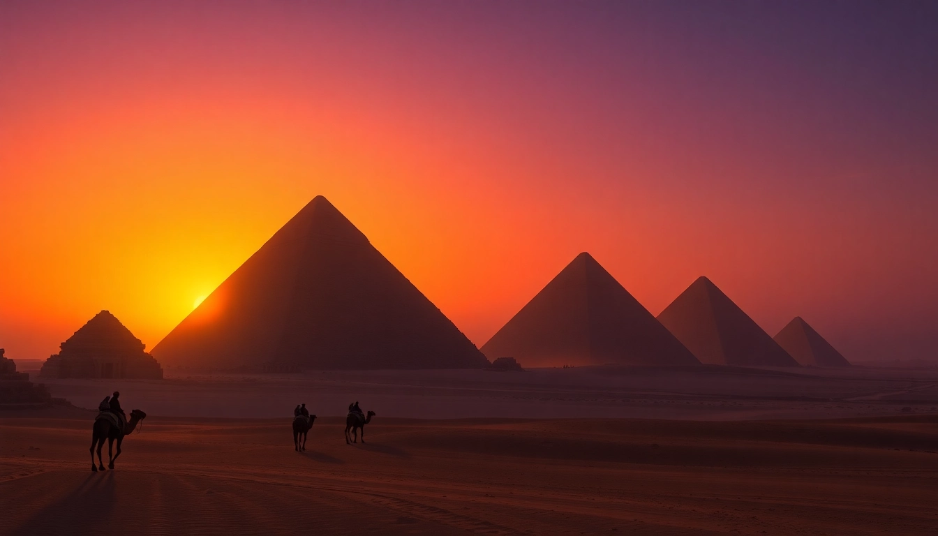 Pyraminds towering under a vibrant sunrise, evoking ancient wonders and historical significance.