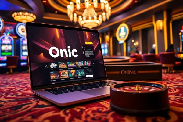 Engaging Onicplay online gambling interface amidst exciting casino elements, inviting players to win.