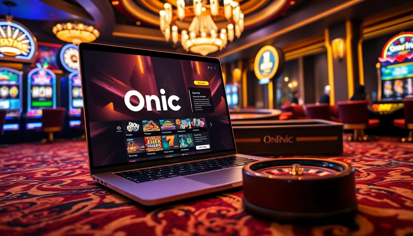 Engaging Onicplay online gambling interface amidst exciting casino elements, inviting players to win.