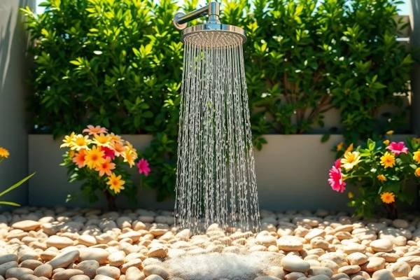 Experience a refreshing sunny shower outdoors, surrounded by vibrant flowers and lush greenery.