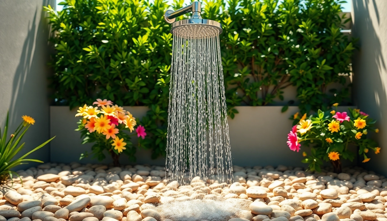 Experience a refreshing sunny shower outdoors, surrounded by vibrant flowers and lush greenery.