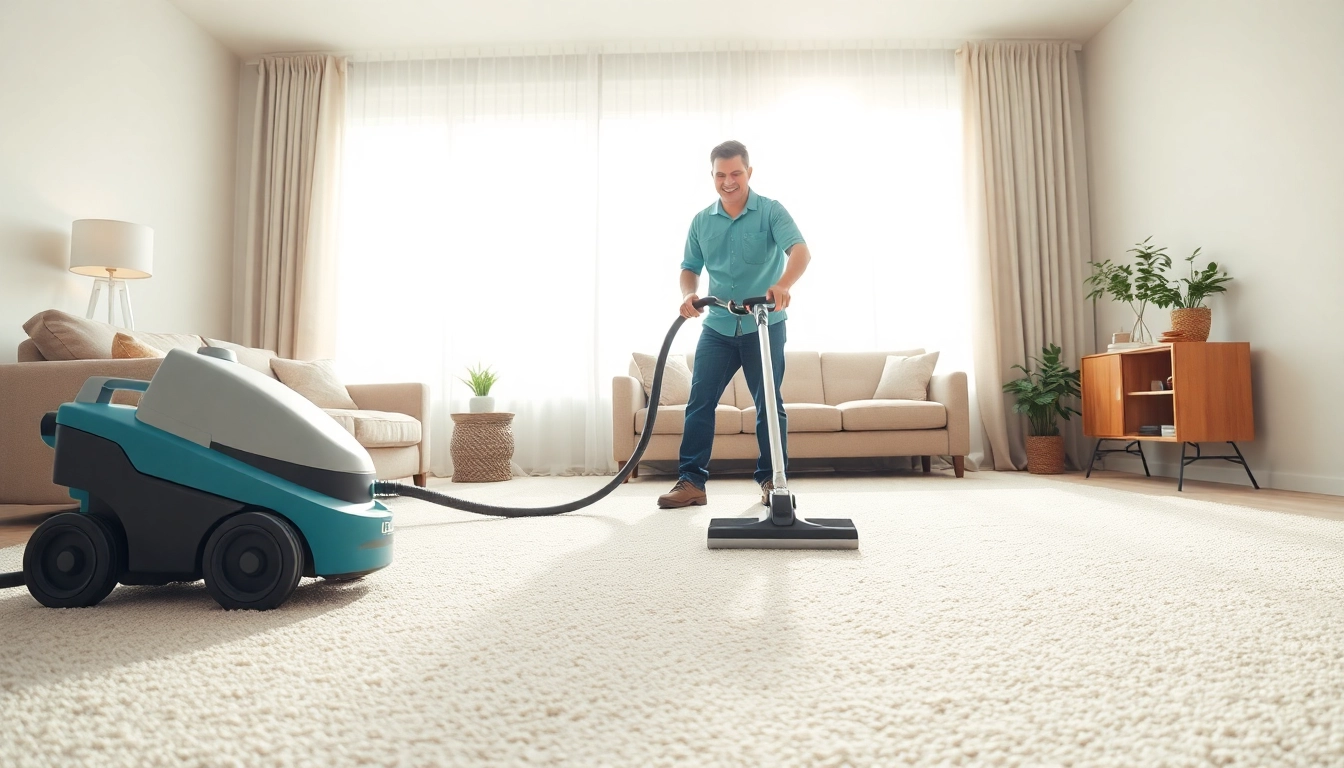 Local carpet cleaners efficiently cleaning carpets in a bright, modern living room.