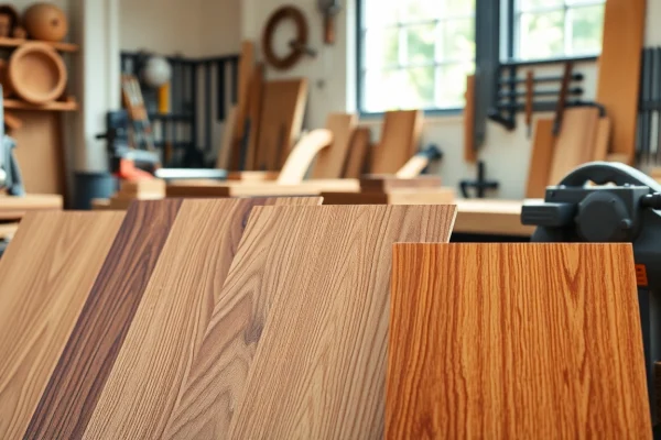Showcasing hardwood veneer sheets with rich textures in a woodworking workshop environment.