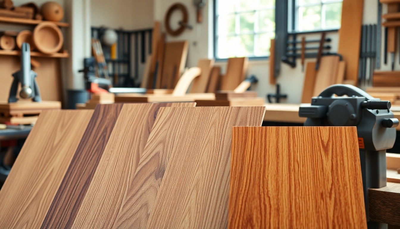 Showcasing hardwood veneer sheets with rich textures in a woodworking workshop environment.