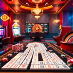 Para pemain menikmati Link Mahjong di tengah suasana kasino yang ramai dengan chip poker dan roda roulette.