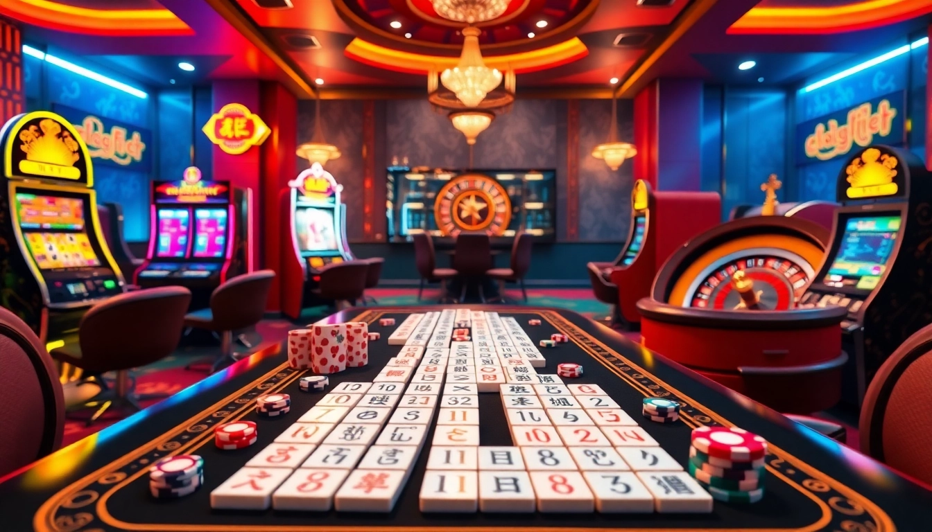 Para pemain menikmati Link Mahjong di tengah suasana kasino yang ramai dengan chip poker dan roda roulette.