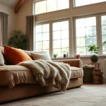 Geniet van warme en stijlvolle stoffen met een mooi ingerichte woonkamer vol texturen.