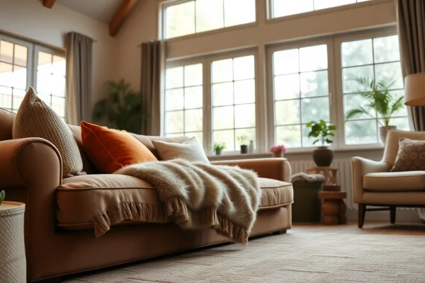 Geniet van warme en stijlvolle stoffen met een mooi ingerichte woonkamer vol texturen.