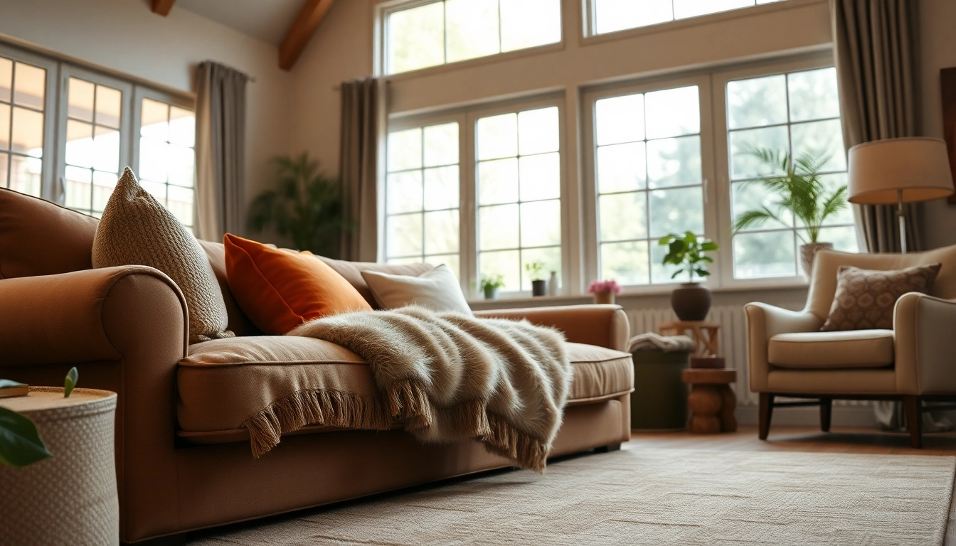 Geniet van warme en stijlvolle stoffen met een mooi ingerichte woonkamer vol texturen.