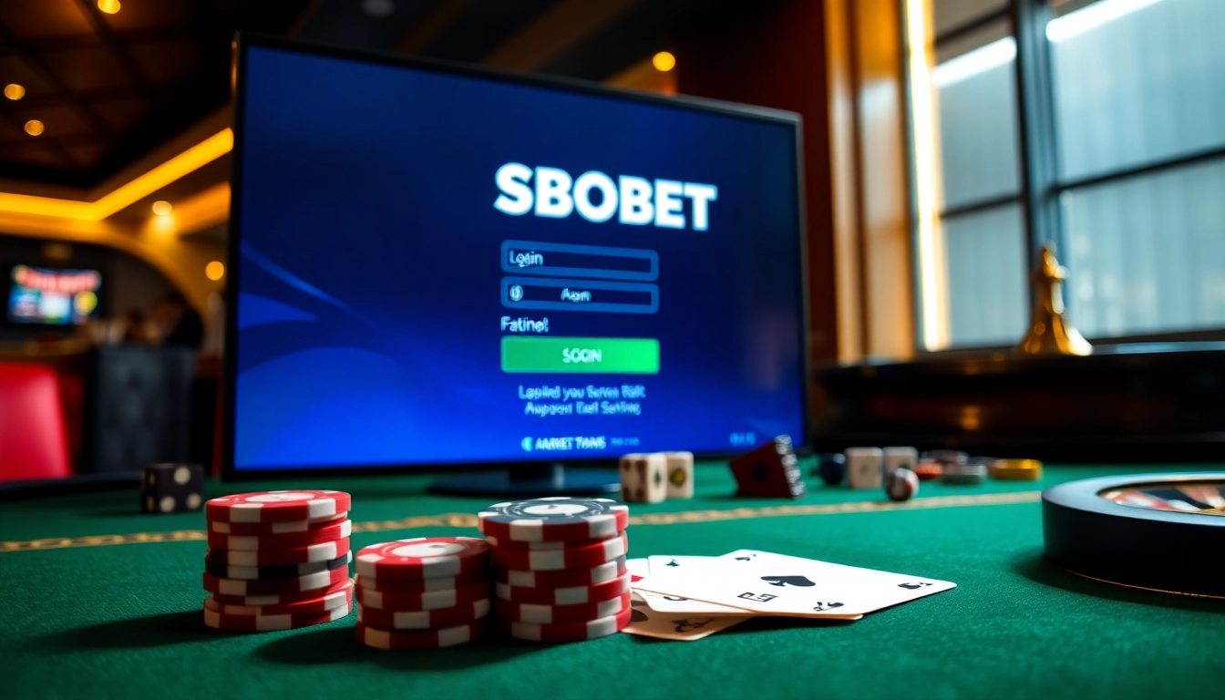 Experience sbobet login terbaru with immersive online gambling visuals featuring casino tables and betting slips.